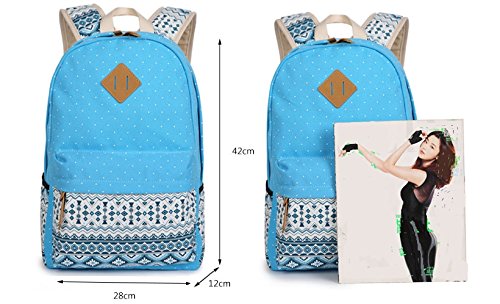 Evay Lona Mochila Vintage Polka Dot School Bolsa para Las niñas Jóvenes Chicas y Niños Ligero Lindo Impermeable Casual Morral Daypack Schoolbag Mochila Azul