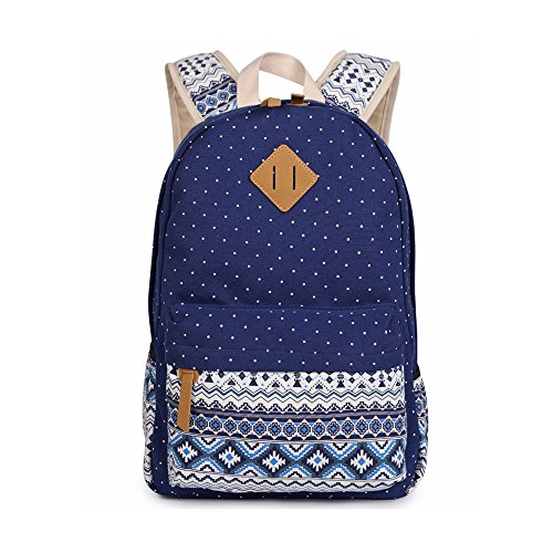 Evay Lona Mochila Vintage Polka Dot School Bolsa para Las niñas Jóvenes Chicas y Niños Ligero Lindo Impermeable Casual Morral Daypack Schoolbag Mochila Azul