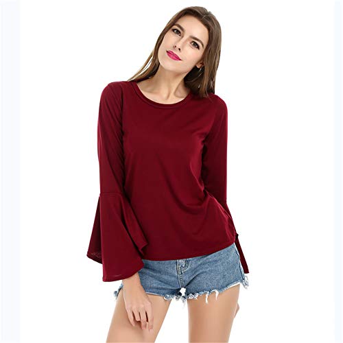 EverNight T para Mujer, Manga Larga De Color Sólido Mangas Ensanchadas Tops Cuello Redondo Ajuste Flojo Regulares Casual tee Shirts,Rojo,XL