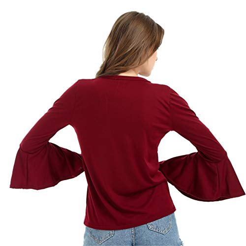 EverNight T para Mujer, Manga Larga De Color Sólido Mangas Ensanchadas Tops Cuello Redondo Ajuste Flojo Regulares Casual tee Shirts,Rojo,XL