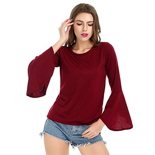 EverNight T para Mujer, Manga Larga De Color Sólido Mangas Ensanchadas Tops Cuello Redondo Ajuste Flojo Regulares Casual tee Shirts,Rojo,XL