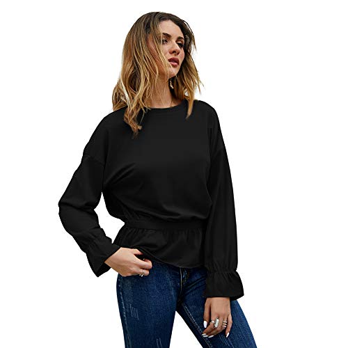 EverNight Tops Manga Larga para Mujer, Flojo Plisado Dobladillo De La Colmena Top Camisetas, con Estilo Y Elegante Suéter tee Shirts,Negro,XL