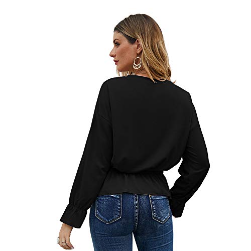 EverNight Tops Manga Larga para Mujer, Flojo Plisado Dobladillo De La Colmena Top Camisetas, con Estilo Y Elegante Suéter tee Shirts,Negro,XL