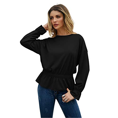 EverNight Tops Manga Larga para Mujer, Flojo Plisado Dobladillo De La Colmena Top Camisetas, con Estilo Y Elegante Suéter tee Shirts,Negro,XL