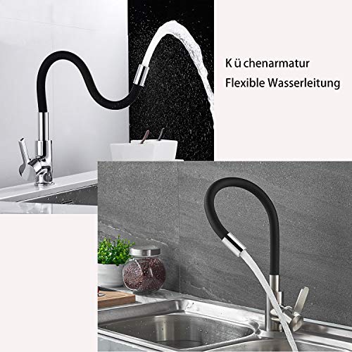EXLECO Grifo de Cocina Fregadero Negro. Giratorio de 360° Adjustable Agua Caliente y Fría Flexible Grifo Cromo Grifo monomando para Fregaderos de Cocina(Chorro de Agua Individual)