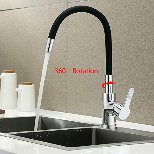 EXLECO Grifo de Cocina Fregadero Negro. Giratorio de 360° Adjustable Agua Caliente y Fría Flexible Grifo Cromo Grifo monomando para Fregaderos de Cocina(Chorro de Agua Individual)