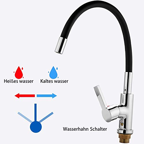 EXLECO Grifo de Cocina Fregadero Negro. Giratorio de 360° Adjustable Agua Caliente y Fría Flexible Grifo Cromo Grifo monomando para Fregaderos de Cocina(Chorro de Agua Individual)
