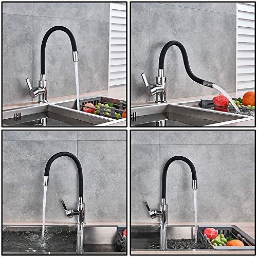 EXLECO Grifo de Cocina Fregadero Negro. Giratorio de 360° Adjustable Agua Caliente y Fría Flexible Grifo Cromo Grifo monomando para Fregaderos de Cocina(Chorro de Agua Individual)