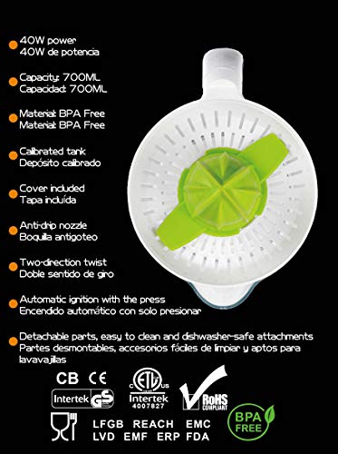 Exprimidor eléctrico de naranjas para zumo Family Care, jarra libre de BPA con 700ml, boquilla antigoteo, accesorios desmontables apto para lavavajillas, potencia 40W