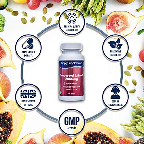 Extracto semillas de uva 2000mg - ¡Bote para 6 meses! - Apto para veganos - 360 Comprimidos - SimplySupplements