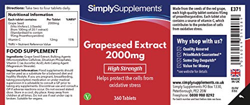 Extracto semillas de uva 2000mg - ¡Bote para 6 meses! - Apto para veganos - 360 Comprimidos - SimplySupplements