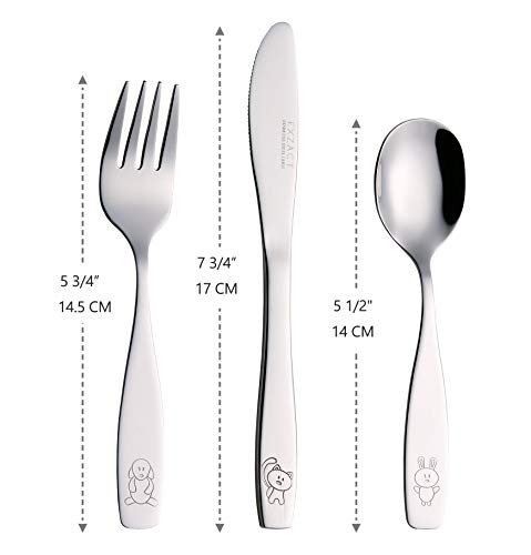 EXZACT Cubertería infantil 18 pieza para niños de Acero Inoxidable - 6 x cena cuchillo, 6 x cena tenedor, 6 x cena cuchar (Perro Gato Conejo x 18)