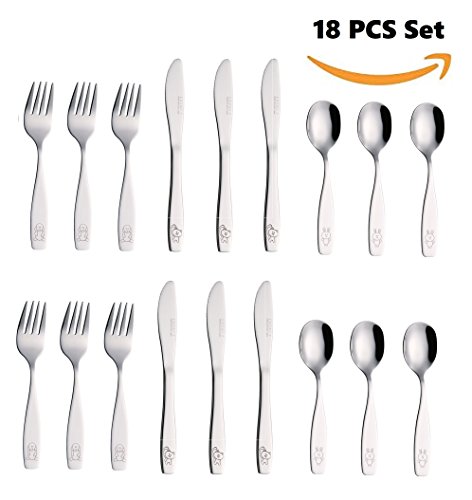 EXZACT Cubertería infantil 18 pieza para niños de Acero Inoxidable - 6 x cena cuchillo, 6 x cena tenedor, 6 x cena cuchar (Perro Gato Conejo x 18)
