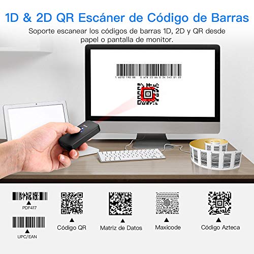 Eyoyo Mini 1D 2D QR Escáner de Código de Barras, Lector de Código de Barras 3-en-1 Conexiones USB Cable/ 2.4G Inalámbrico/Bluetooth para POS, Teléfono Inteligente, Tabletas, iOS, Android y Windows