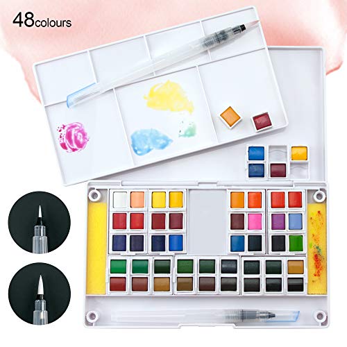 Ezigoo Acuarelas/Set de Acuarelas Tamaño Bolsillo – Caja de Acuarelas 48 Medias Pastillas - Caja de pinturas de acuarela con una paleta para mezclar, 2 pinceles de agua y 2 esponjas