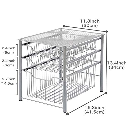 EZOWare Estante Organizador con 3 Cajones Deslizante, Mueble de Almacenaje para Uso Bajo el Fregadero Cocina Baño Habitaciones Estantería Armario - Plata
