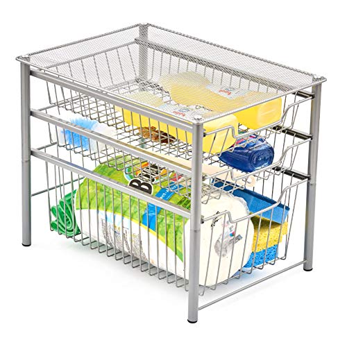 EZOWare Estante Organizador con 3 Cajones Deslizante, Mueble de Almacenaje para Uso Bajo el Fregadero Cocina Baño Habitaciones Estantería Armario - Plata