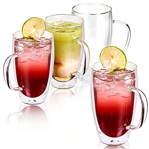 EZOWare Tazas de Cafe de Vidrio Doble Pared, Vasos de Cristal Térmicos con Mango para Bebidas Calientes o Heladas, Té, Café, Cerveza, Ginebra, Cócteles - Set de 4, 500ml