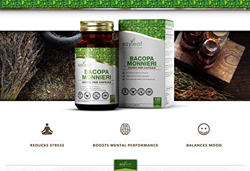 Ezyleaf Bacopa Monnieri | 120 Capsulas Veganas | Para Ayudar en el Aprendizaje, la Memoria y el Concentracion | Nootropico | Pastillas para Estudiar | Sin OGM y Sin Gluten o Sabores Artificiales