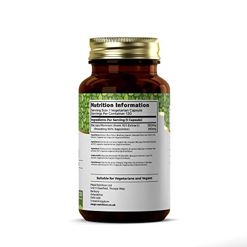 Ezyleaf Bacopa Monnieri | 120 Capsulas Veganas | Para Ayudar en el Aprendizaje, la Memoria y el Concentracion | Nootropico | Pastillas para Estudiar | Sin OGM y Sin Gluten o Sabores Artificiales
