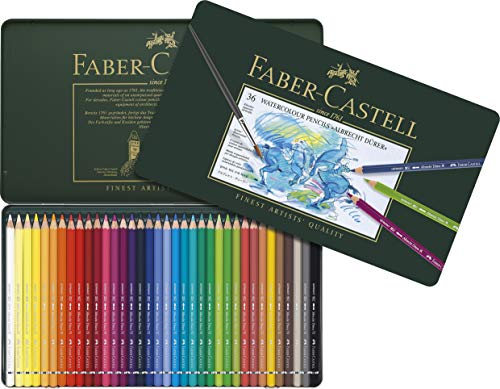 Faber Castell - Lápices de acuarela A.Dürer (36 unidades, estuche de metal, pincel de agua, pincel para lápices Art & Graphic)