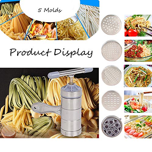 Fabricante De Fideos, 6 Pcs MáQuina para Hacer Pasta, MáQuina para Hacer Fideos Manual, 1 X Fabricante + 5 X Molde, Acero Inoxidable, PortáTil