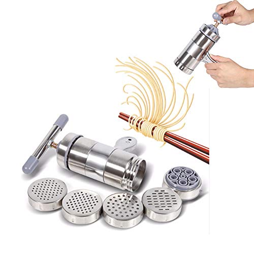 Fabricante De Fideos, 6 Pcs MáQuina para Hacer Pasta, MáQuina para Hacer Fideos Manual, 1 X Fabricante + 5 X Molde, Acero Inoxidable, PortáTil