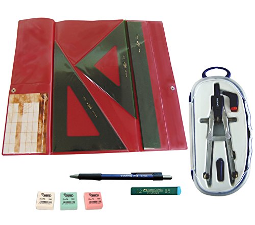 Faibo Pack Estuche técnico Verde Juego Regla 30 cm GRADUADA, escuadra y cartabón de 25 cm SIN GRADUAR + Bigotera SERIVAN + Portaminas Edding P12 + Tubo 12 Minas Faber Castell 0.7 mm HB