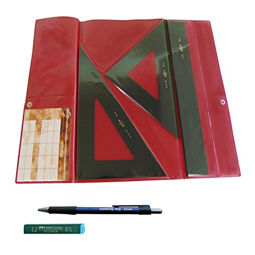 Faibo Pack Lote Estuche técnico Verde Juego Compuesto por Regla 30 cm GRADUADA, escuadra y cartabón de 25 cm SIN GRADUAR + Portaminas Edding P12 + 1 Tubo de 12 Minas Faber Castell 0.7 mm HB