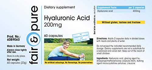 Fair & pure 6089060 - 60 Cápsulas de 200 mg de Ácido hialurónico (vegano, libre de estearato de magnesio, dióxido de silicio, aditivos y conservantes)