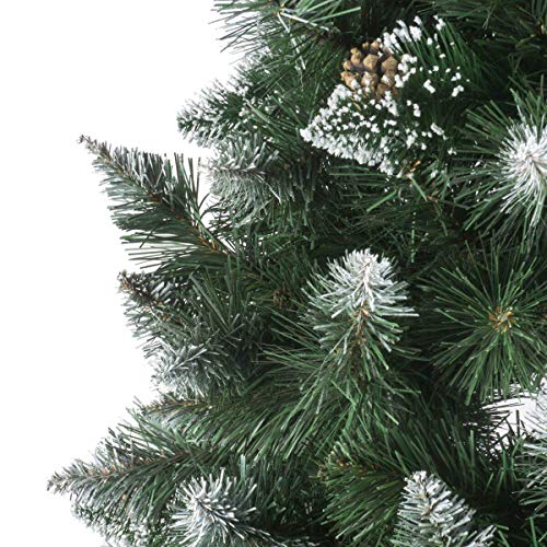 FairyTrees Árbol de Navidad Artificial, Pino Verde Natural Cubierto de Nieve, PVC, con piñas Naturales, Soporte de Madera, 220cm, FT04-220