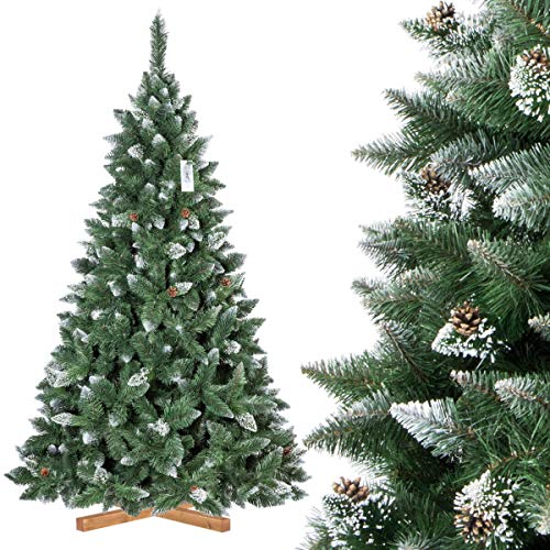 FairyTrees Árbol de Navidad Artificial, Pino Verde Natural Cubierto de Nieve, PVC, con piñas Naturales, Soporte de Madera, 220cm, FT04-220