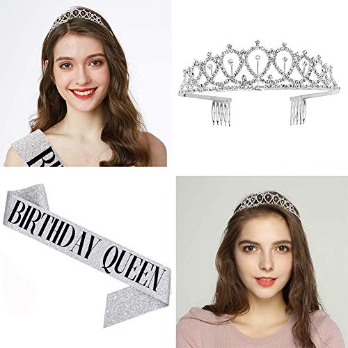 Faja de cumpleaños para reina y tiara de diamantes de imitación plateada, corona de cristal con faja de reina de cumpleaños para mujer, suministros para fiestas de cumpleaños, regalos (letra negra/f