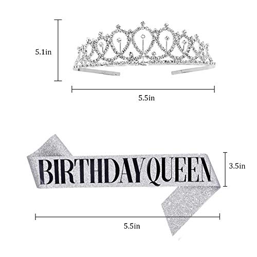 Faja de cumpleaños para reina y tiara de diamantes de imitación plateada, corona de cristal con faja de reina de cumpleaños para mujer, suministros para fiestas de cumpleaños, regalos (letra negra/f