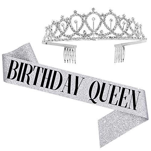 Faja de cumpleaños para reina y tiara de diamantes de imitación plateada, corona de cristal con faja de reina de cumpleaños para mujer, suministros para fiestas de cumpleaños, regalos (letra negra/f