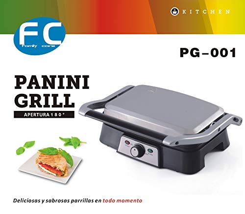 Family Care Parrilla Eléctrica 1500W, Revestimiento de Piedra de Máxima Antiadherencia, Fácil Limpieza, Apertura de 180º y Placa Superior Flotante, Acero Inoxidable. Superficie de Cocción 31x26,4cm
