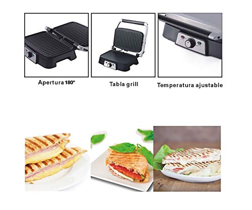 Family Care Parrilla Eléctrica 1500W, Revestimiento de Piedra de Máxima Antiadherencia, Fácil Limpieza, Apertura de 180º y Placa Superior Flotante, Acero Inoxidable. Superficie de Cocción 31x26,4cm