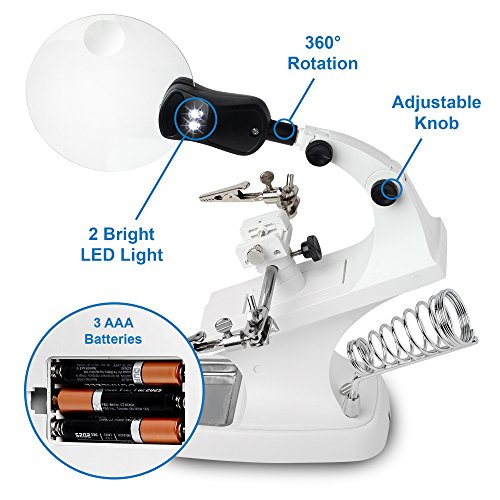 Fancii Tercera Mano Con Lupa y Luz LED, Lentes de Aumentos 2X 4X - Lupa de Pie Manos Libres con Abrazadera, Pinzas de Cocodrilo y Soporte para Soldadura, Electrónica, Modelismo, Reparación