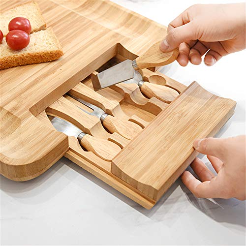 fang zhou Juego de Cuchillos y Tabla de quesos charcutería con cajón deslizable - 4 Cuchillos de Acero Inoxidable -100% bambú Natural, no Mancha ni Absorbe olores