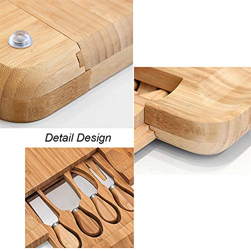 fang zhou Juego de Cuchillos y Tabla de quesos charcutería con cajón deslizable - 4 Cuchillos de Acero Inoxidable -100% bambú Natural, no Mancha ni Absorbe olores