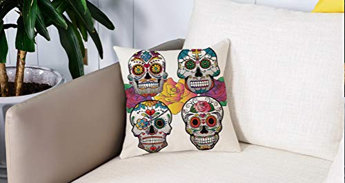 Fangguan decoración Cuadrada, Decoración de Calavera de azúcar, Diferentes Tipos de Calaveras Adornos Coloridos Ricos Rosas Carnaval FR,Funda de Almohada Almohada para Coche Almohada para sofá casero