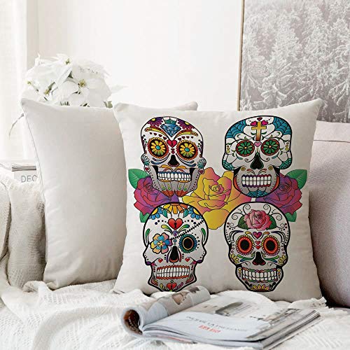 Fangguan decoración Cuadrada, Decoración de Calavera de azúcar, Diferentes Tipos de Calaveras Adornos Coloridos Ricos Rosas Carnaval FR,Funda de Almohada Almohada para Coche Almohada para sofá casero