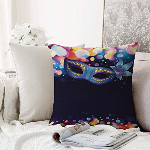Fangguan decoración Cuadrada, Venecia, vívida máscara de Carnaval Azul con Flor Adornada y Coloridos Puntos de la tradición de la masca,Funda de Almohada Almohada para Coche Almohada para sofá casero