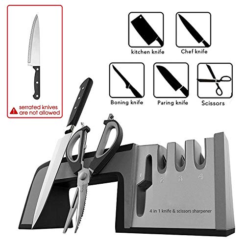 FANPING 4 en 1 afilador de Cuchillos de Diamante Recubierto de cerámica Fina Cuchillo de Cocina Tijeras Tijeras de afilar Herramientas Antideslizante de Acero Inoxidable Base