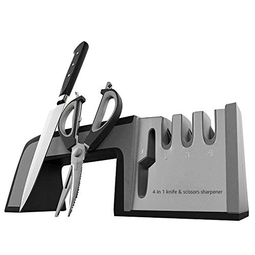 FANPING 4 en 1 afilador de Cuchillos de Diamante Recubierto de cerámica Fina Cuchillo de Cocina Tijeras Tijeras de afilar Herramientas Antideslizante de Acero Inoxidable Base