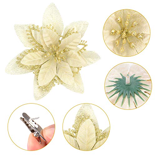 Fansport 20Pcs Flores Navidad Artificiales,Accesorio De Decoración Navideña Flores Navidad Grandes Navidad Flores Artificiales Con Purpurina Para Árbol De Navidad