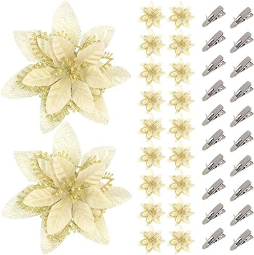 Fansport 20Pcs Flores Navidad Artificiales,Accesorio De Decoración Navideña Flores Navidad Grandes Navidad Flores Artificiales Con Purpurina Para Árbol De Navidad