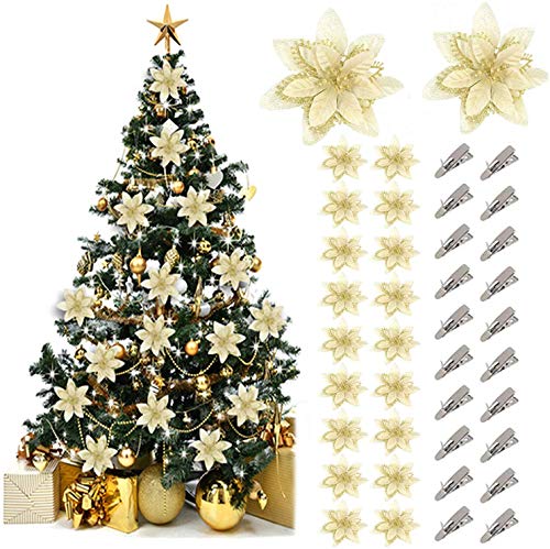 Fansport 20Pcs Flores Navidad Artificiales,Accesorio De Decoración Navideña Flores Navidad Grandes Navidad Flores Artificiales Con Purpurina Para Árbol De Navidad