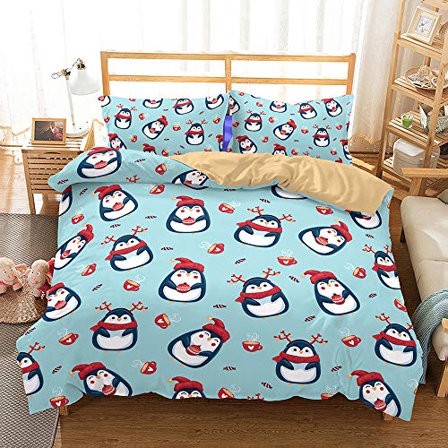 Fansu Juego De Ropa De Cama Pingüino 3D, Poliéster Microfibra Funda De Edredón Cremallera, Suave Funda Nórdica Funda De Almohada, Cama 90/135/150 (Taza de té Rojo,150 * 200cm(2pc))