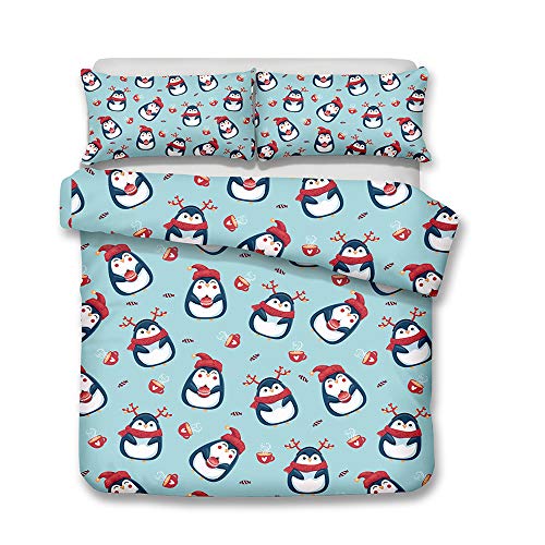 Fansu Juego De Ropa De Cama Pingüino 3D, Poliéster Microfibra Funda De Edredón Cremallera, Suave Funda Nórdica Funda De Almohada, Cama 90/135/150 (Taza de té Rojo,150 * 200cm(2pc))